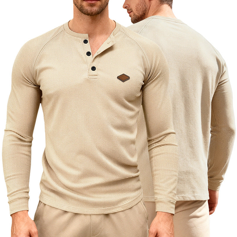 Men's Waffle Knit Henley Long Sleeve Shirt with Raglan Sleeves, Half Button Placket and Leather Label Mune Fashion
