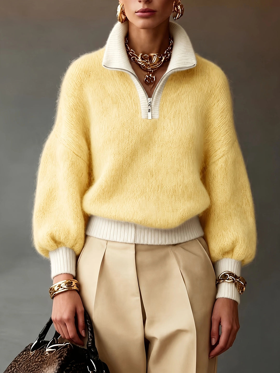 Women's Fluffy Sweater with Half Zipper, Stand Collar and Balloon Sleeves Mune Fashion