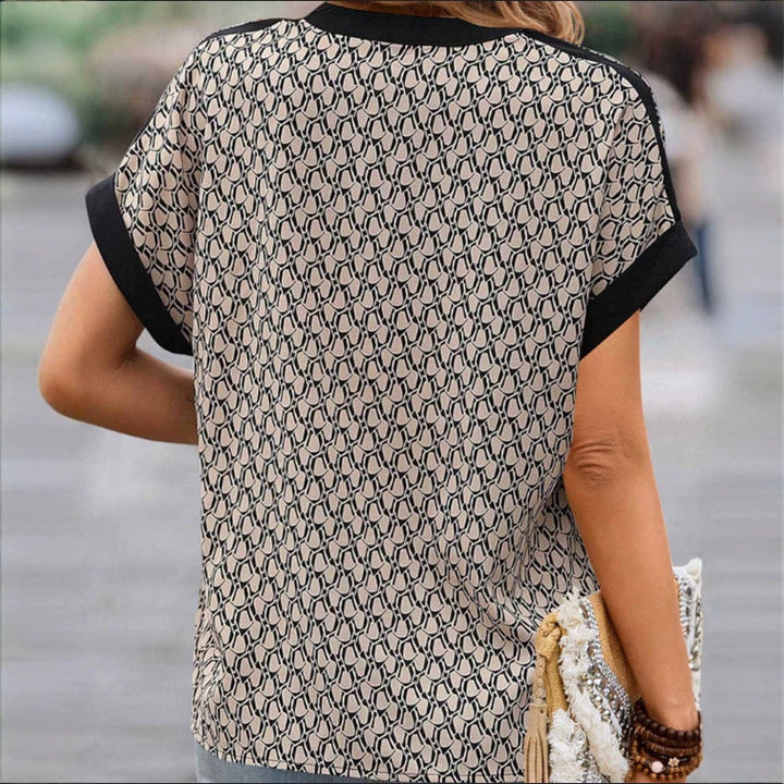Ladies' light casual blouse in crepe look with V-neck and contrast piping Mune Fashion