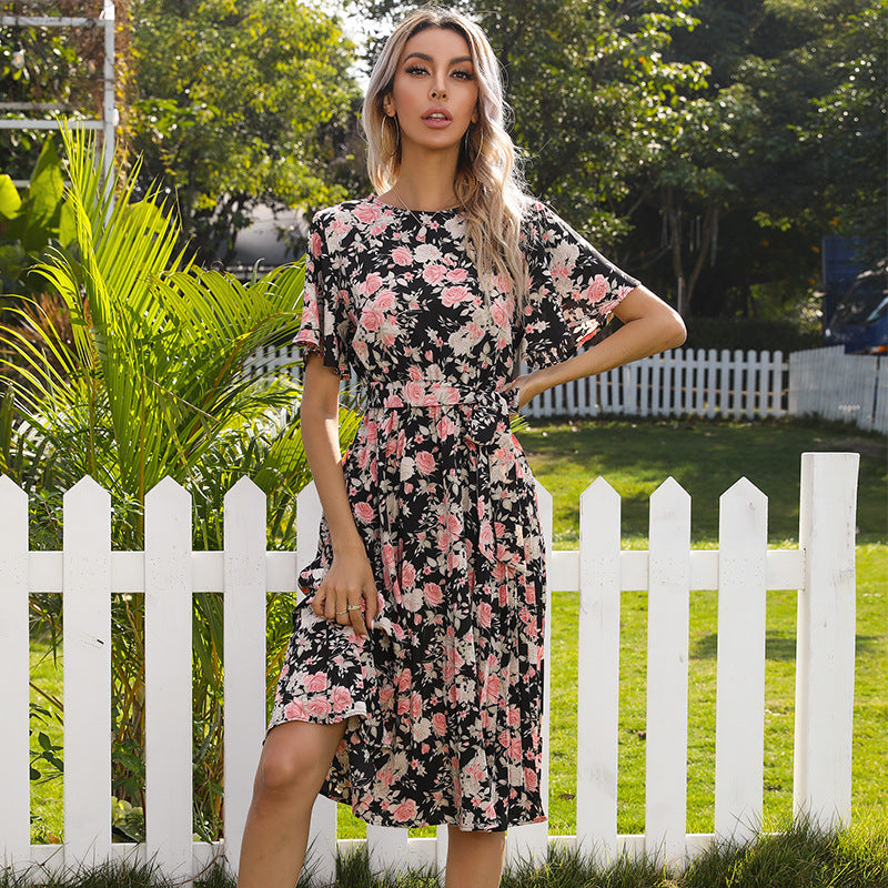 Women Floral Midi Dress with Tie Belt, Flatter Sleeves and A-Line Cut Mune Fashion