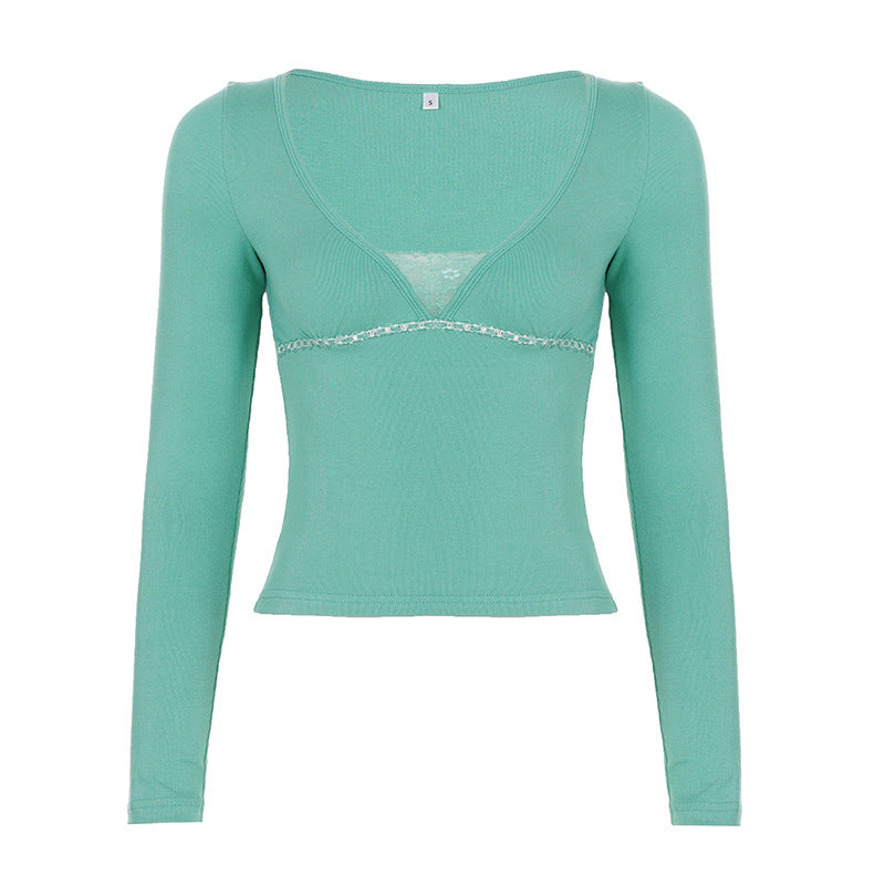 Women's Tailored Cropped Long Sleeve with V-Neck, fine rib knit and lace underbust Mune Fashion