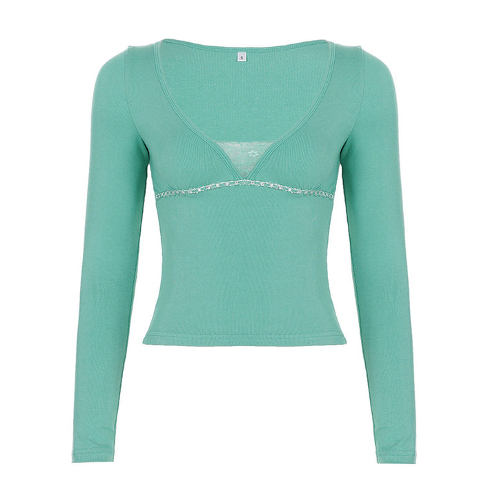 Women's Tailored Cropped Long Sleeve with V-Neck, fine rib knit and lace underbust Mune Fashion