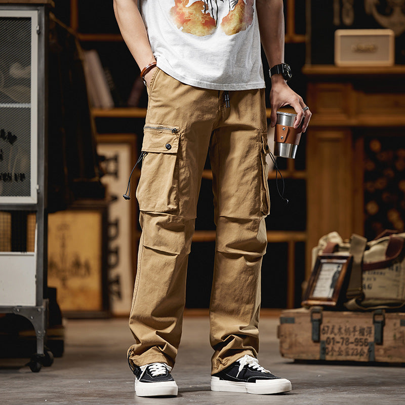 Men's Loose Cotton Cargo Pants with Drawstring Waist, Knee Inserts, and Multifunctional Flaps Mune Fashion