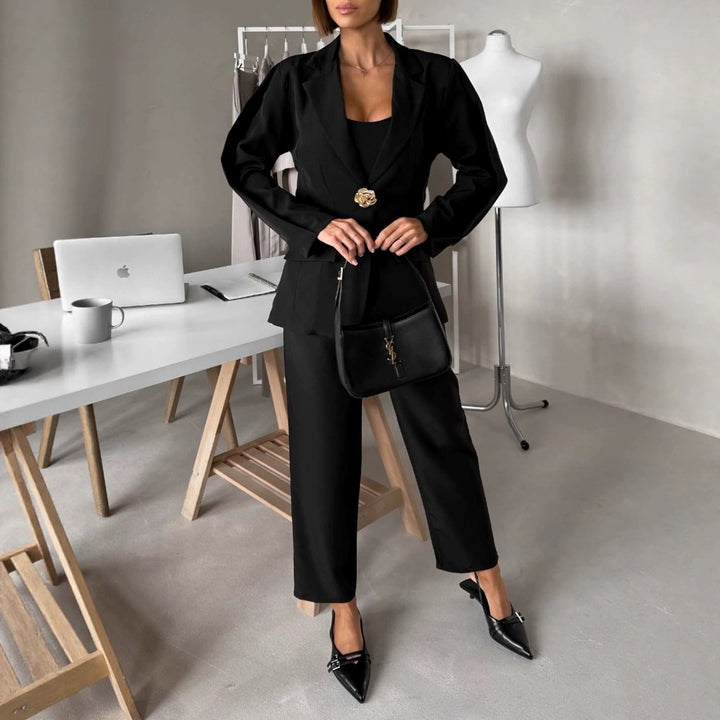 Women's Tailored One-Button Blazer with Floral Decorative Closure and Flap Pockets Mune Fashion