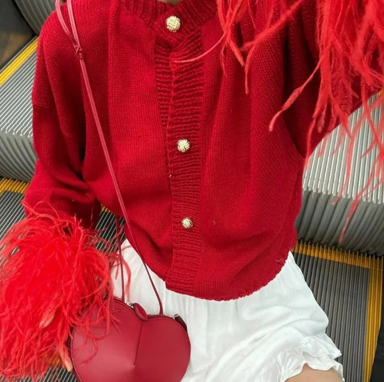 Women's 300+ Cropped Cardigan with Fringe Sleeves and Bead Button Placket Mune Fashion