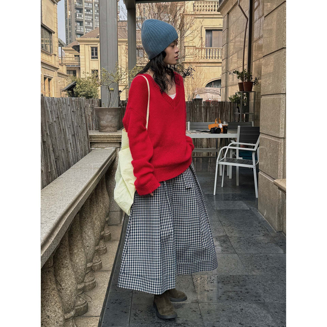 Women Oversize Mohair-Mix V-Neck Pullover with Extra Wide Sleeve Mune Fashion