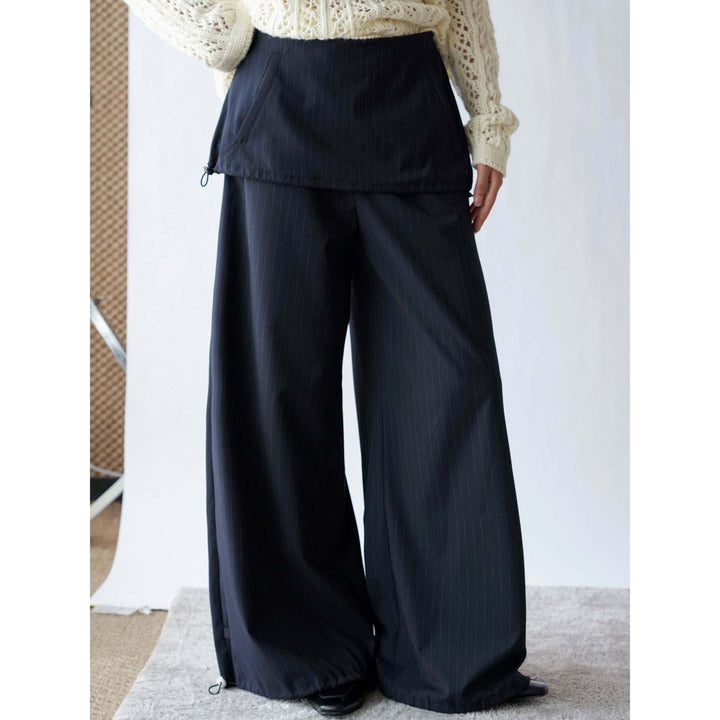 Women Wide Pinstripe Pants with Overlay and Drawstring Mune Fashion