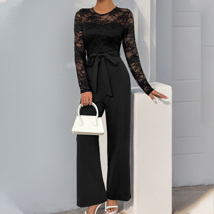 Women's lace jumpsuit with belted waist and wide leg Mune Fashion