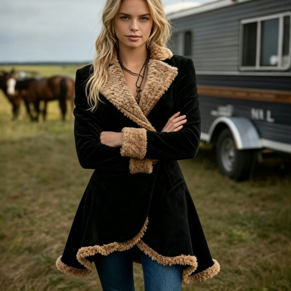 Women's tailored lambskin imitation coat with flared hem, double button closure and contrast sherpa trim Mune Fashion