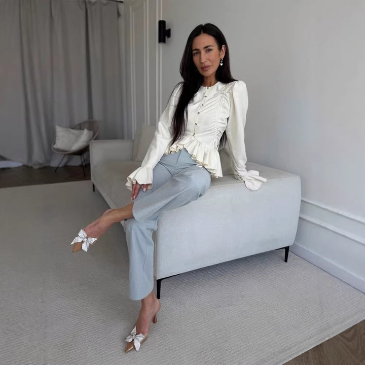 Women's Ruffled Fitted Blouse with Peplum & Puff Sleeves Mune Fashion