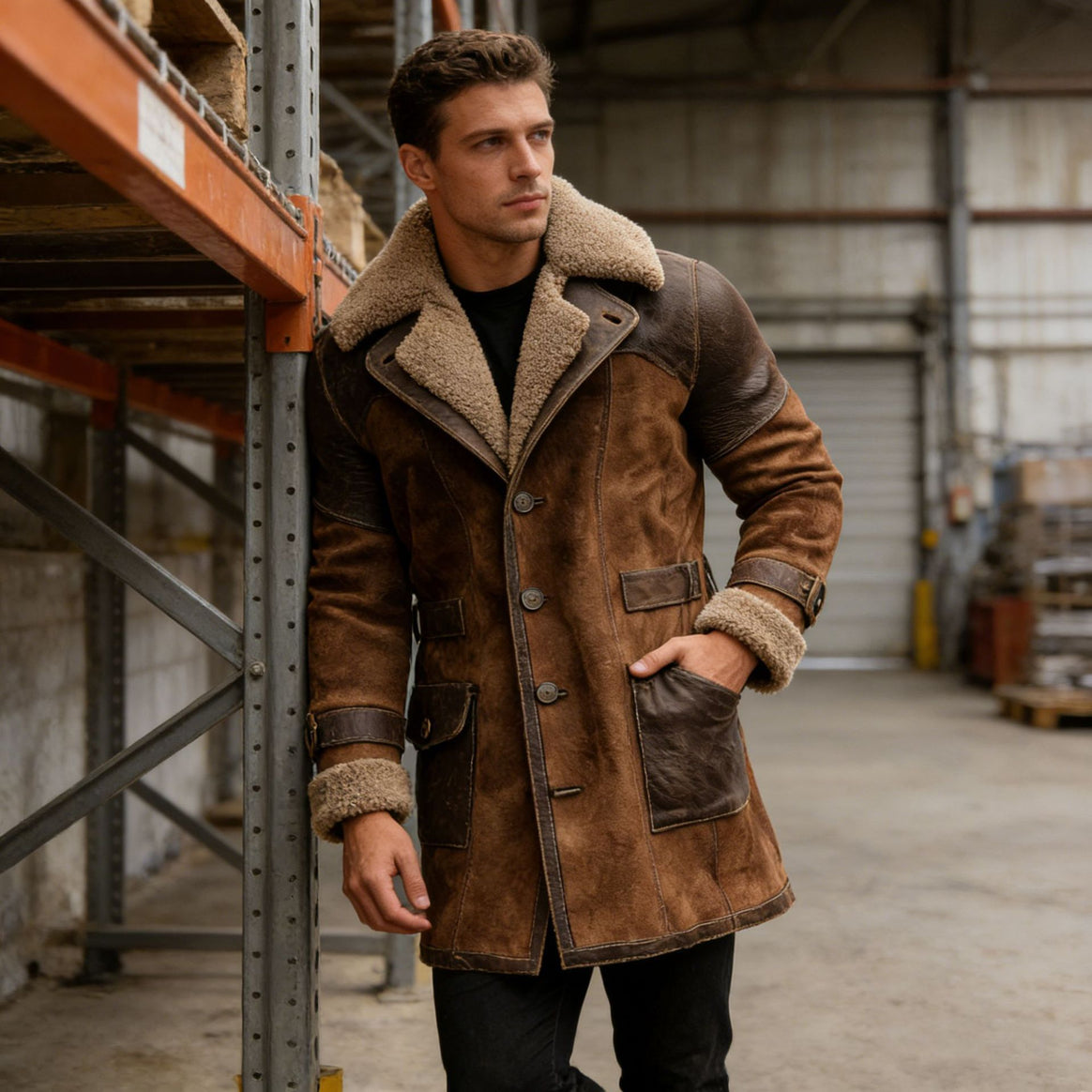 Men's Long Shearling Coat made of Suede with Leather Trim Mune Fashion