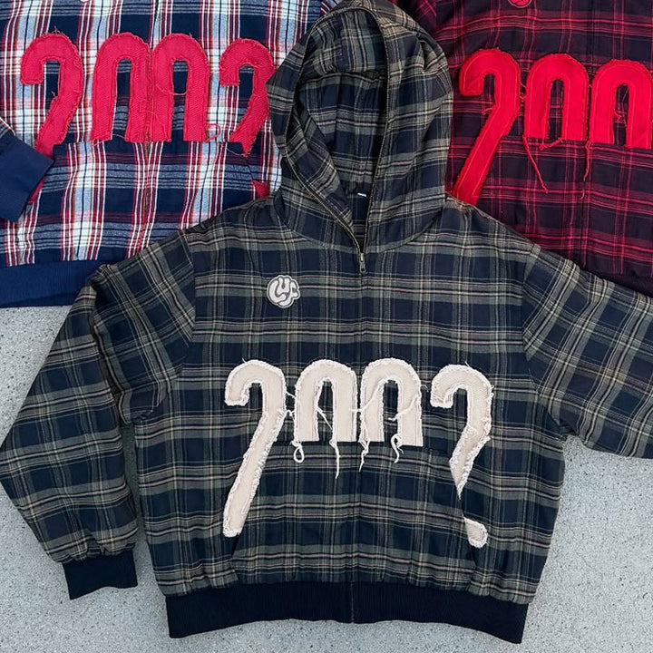 Unisex nan checkered hoodie with frayed year application and ribbed cuffs Mune Fashion
