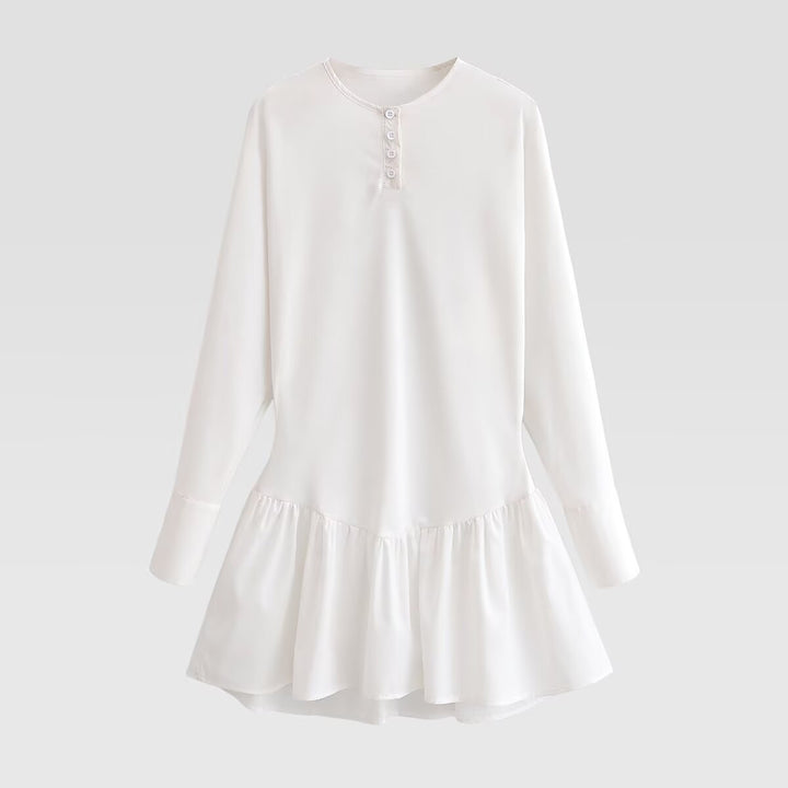 Women Loose Long Sleeve Tunic Dress with Henley Button Placket and Tiered Skirt Mune Fashion