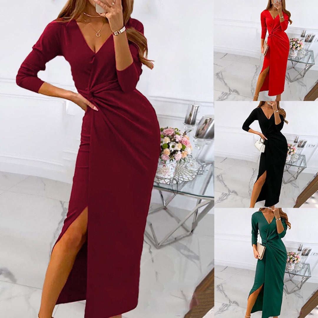 Women's Wrap Maxi Dress with Elegant Slit and Deep V-Neck Mune