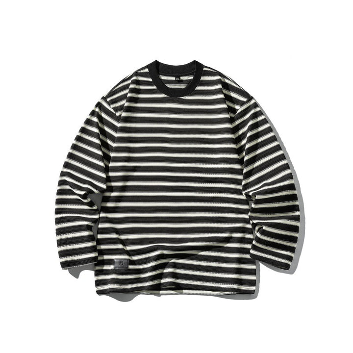 Unisex Striped Oversized Long Sleeve Shirt made of Cotton Blend with Ribbed Round Neck
