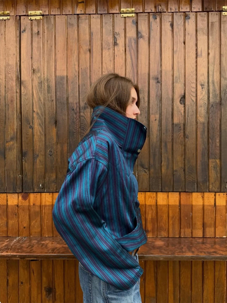 Women Oversized Stripe Sweater with Half Zipper, Stand Collar and Kangaroo Pocket Mune Fashion