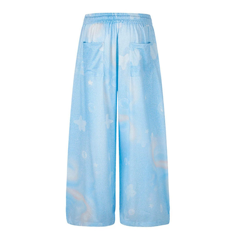 Ladies Wide Mesh Palazzo Lounge Pants with Elastic Comfort Waist and Star Bubble Print