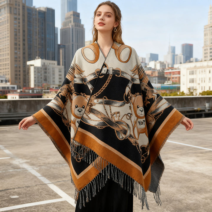 Women's Jacquard-Cape Poncho with Teddy Motif, Oversized Silhouette and Fringe Hem Mune Fashion
