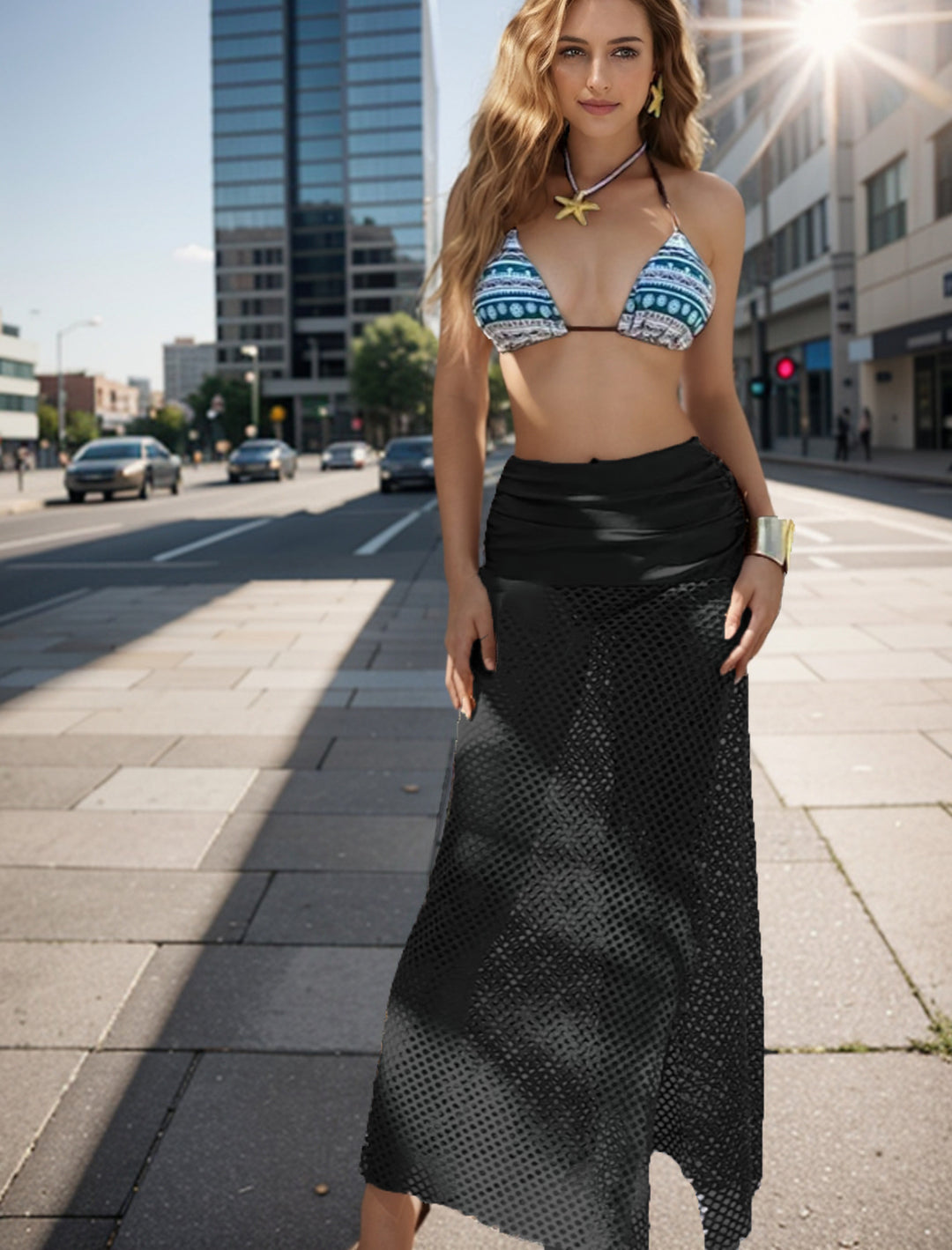 Women's bikini set with geometric print and transparent knitted overlay Mune Fashion