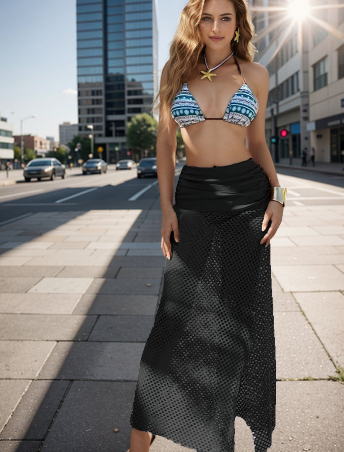 Women's bikini set with geometric print and transparent knitted overlay Mune Fashion