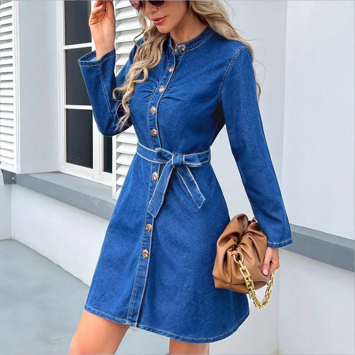 Women's Tailored Denim Dress with Button Placket and Tie Belt Mune Fashion