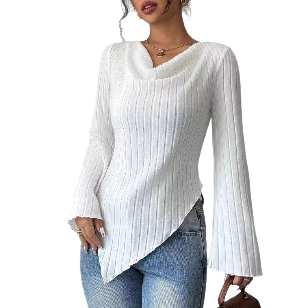 Women Asymmetrical Ribbed Fine Knit Sweater with V-Neck Mune Fashion
