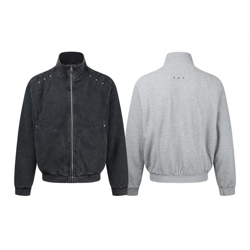 Unisex Chunky Knit Zip Bomber Jacket with Stand-up Collar, Stud Detail and Zip Pockets Mune Fashion