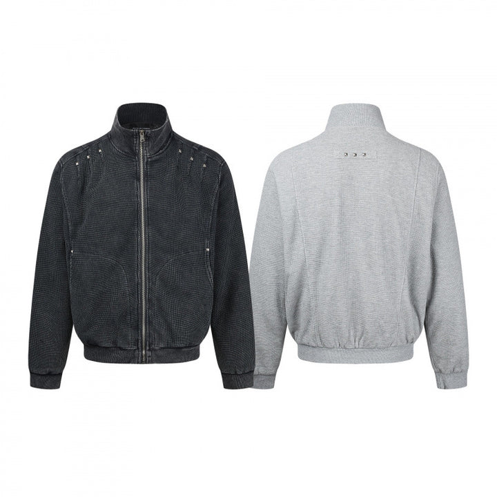 Unisex Chunky Knit Zip Bomber Jacket with Stand-up Collar, Stud Detail and Zip Pockets Mune Fashion