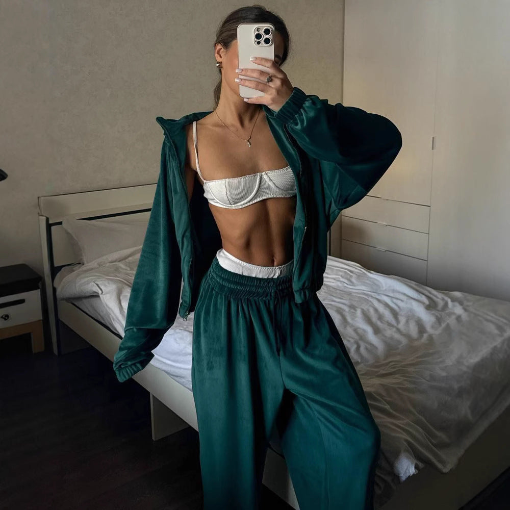 Women's Casual Lounge Two-Piece Set with Oversized Zip Jacket and Wide Leg Pants Mune Fashion