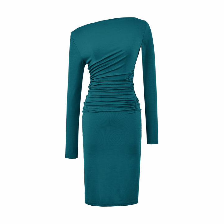 Women's Asymmetric One-Shoulder Midi Dress with Gathering and Long Sleeve Mune Fashion