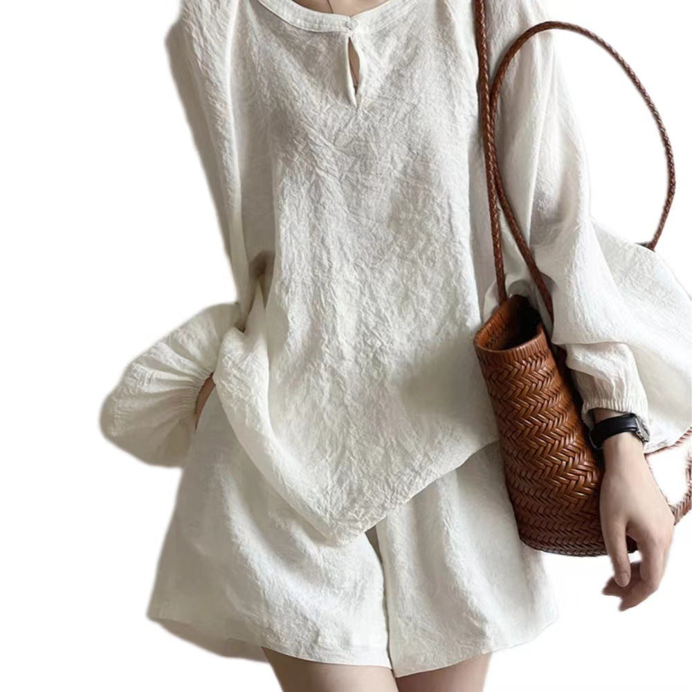 Women's Loose Linen Set with Round Neckline, Split Blouse and Wide Shorts Mune Fashion