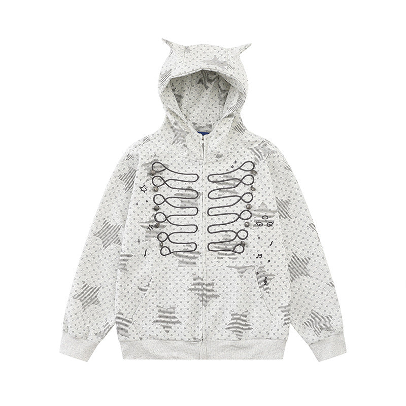 Women's Hoodie Sweat Jacket with 3D Ear Appliqués, Full Zip and Playful Military Illustration Print Mune Fashion
