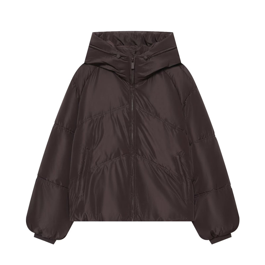 Women Short Cut Padded Oversize Quilted Jacket with High Stand-Up Collar and Hood Mune Fashion