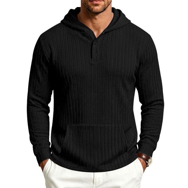 Men's Hooded Henley Pullover with Cable Knit Structure, Kangaroo Pocket and Ribbed Cuffs Mune Fashion
