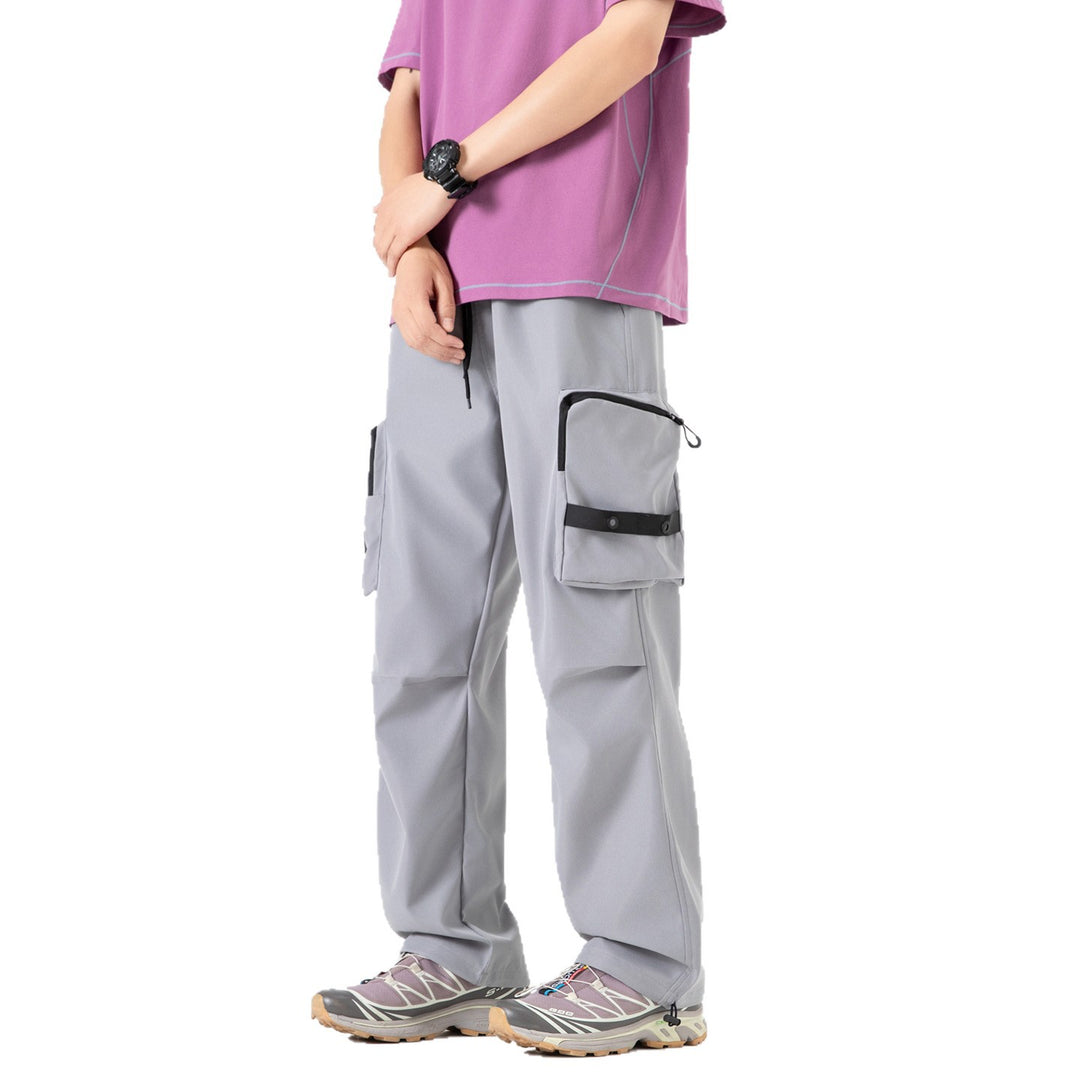 Men's Wide Utility Cargo Pants with Oversized Flap Pockets and Drawstring Waist Drune
