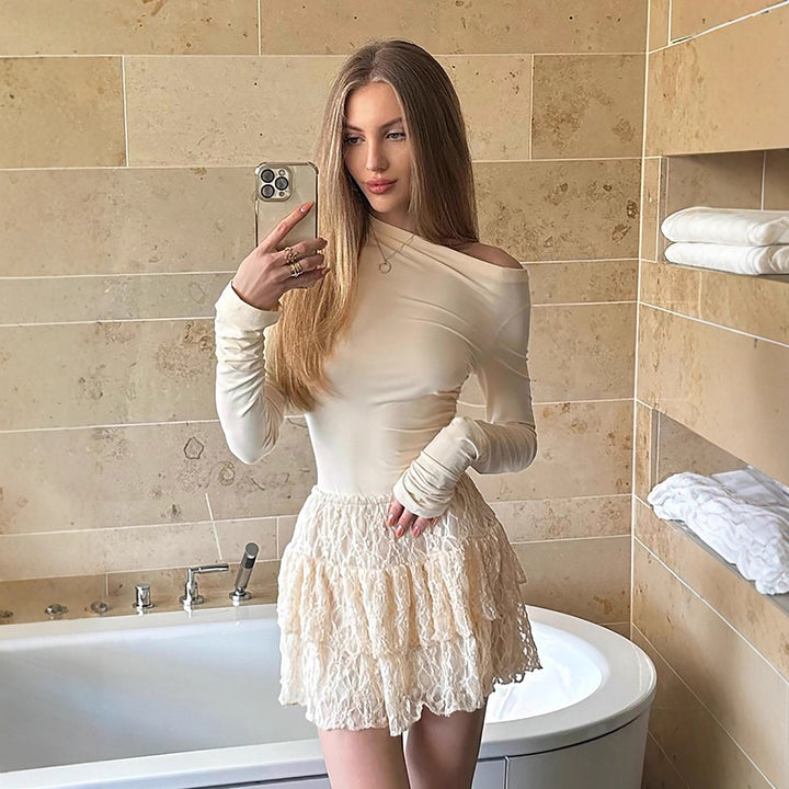 Ladies' asymmetrical one-shoulder mini dress with fitted stretch top and layered lace flounce skirt Mune Fashion