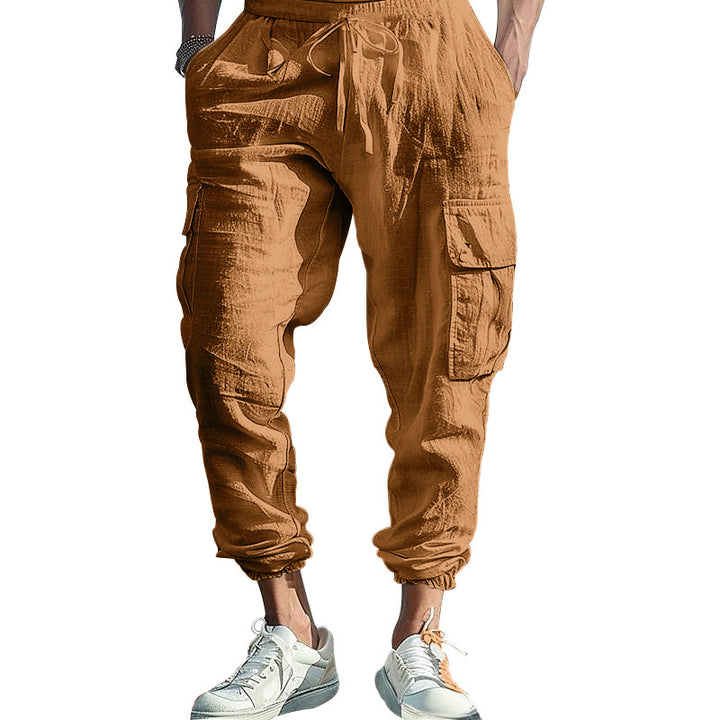 Men's Casual Linen Cargo Joggers with Drawstring Waist, Large Flap Pockets and Elastic Ankle Cuffs Mune Fashion