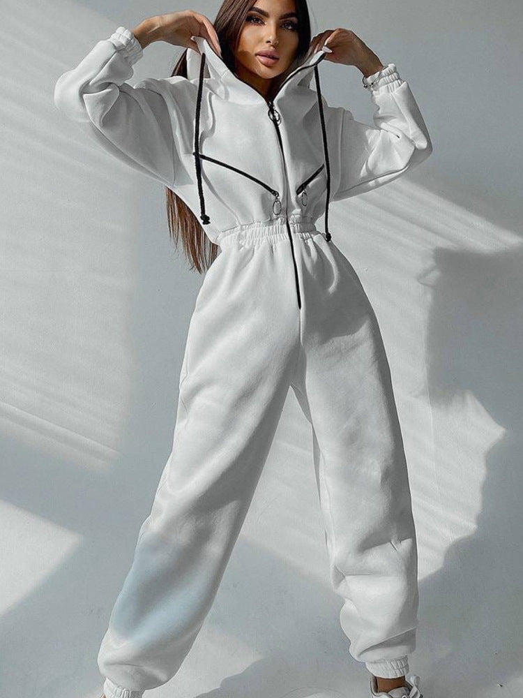 Ladies Tailored Hooded Sweat Jumpsuit with Zipper and Elastic Waistband Mune Fashion
