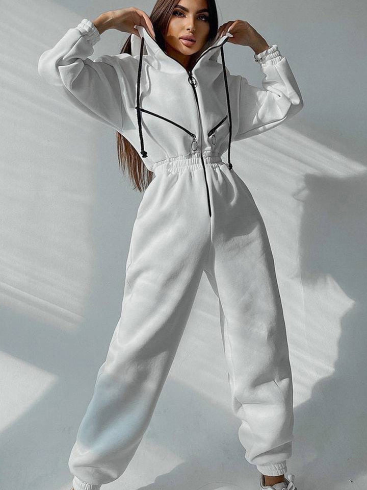 Ladies Tailored Hooded Sweat Jumpsuit with Zipper and Elastic Waistband Mune Fashion