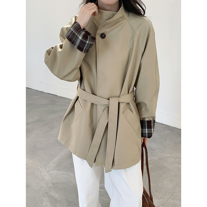 Women's Oversized Trench Coat with Waist Belt and Checked Sleeve Cuff Mune Fashion