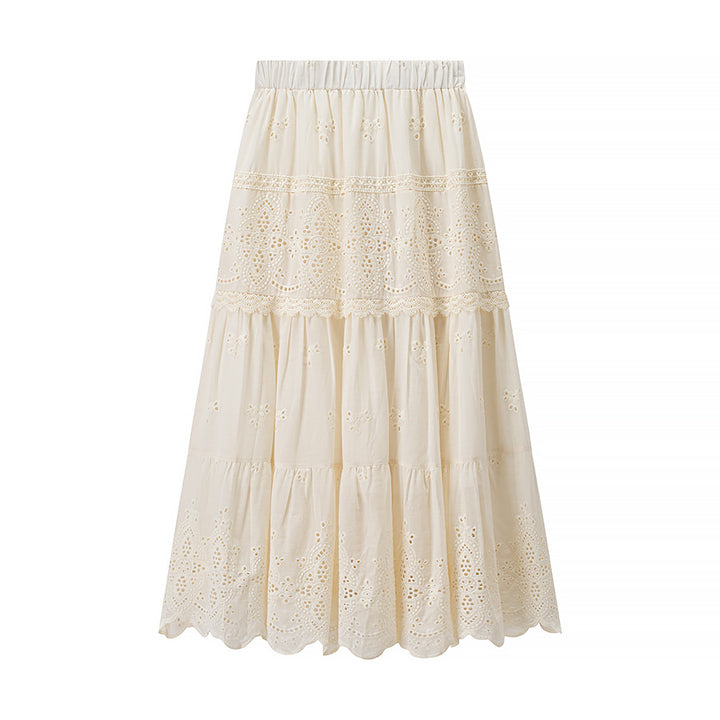 Women's Boho Maxi Dress with Embroidery, Lace Trim, Elastic Waist and Shirt Collar Mune Fashion