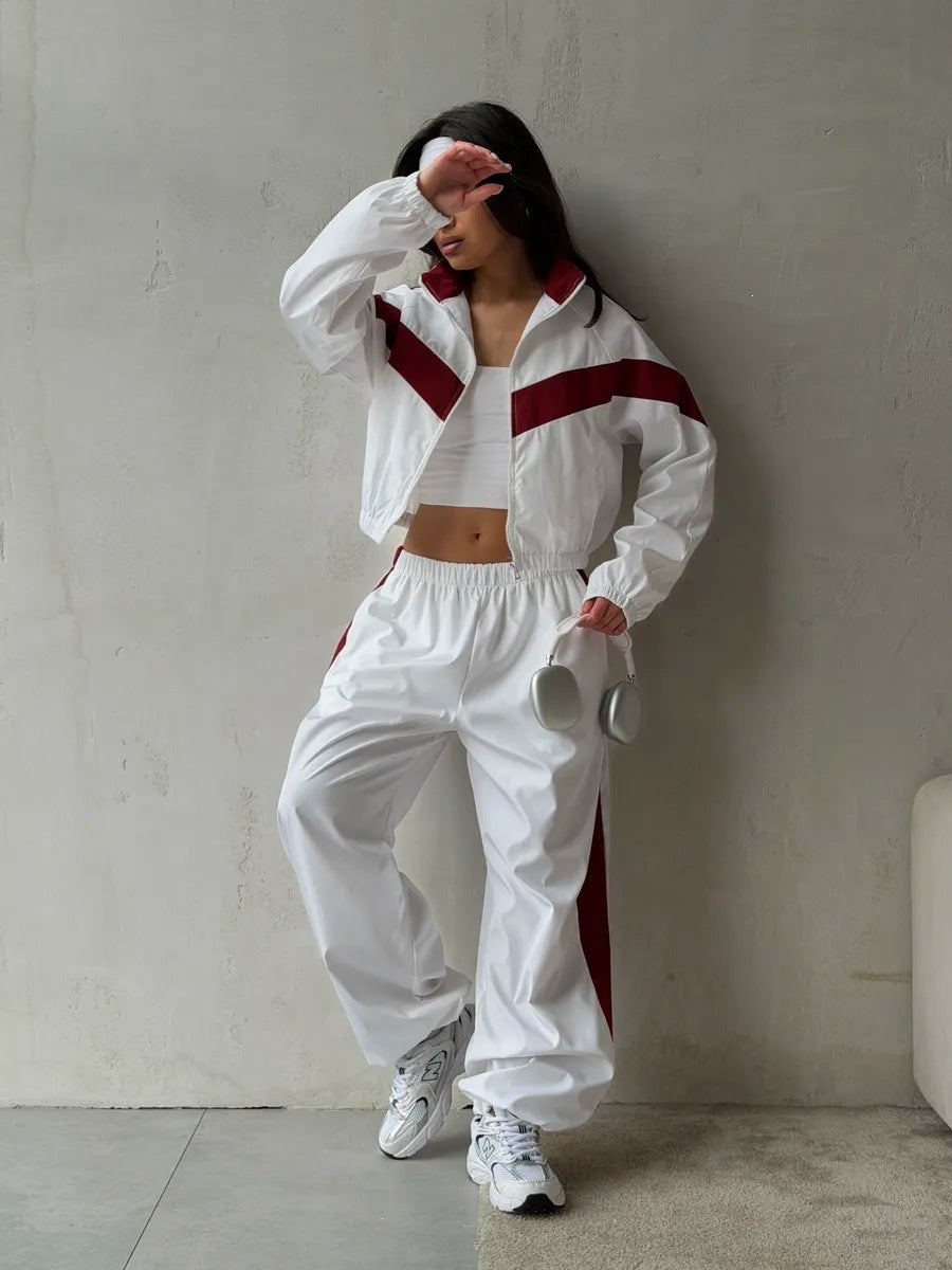 Women Two-Piece Track Set with Cropped Windbreaker and Wide Jogger Mune Fashion