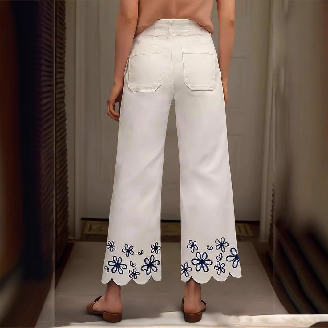 Women High-Waisted Cropped Palazzo Pants with Floral Embroidery and Wave Hem Mune Fashion