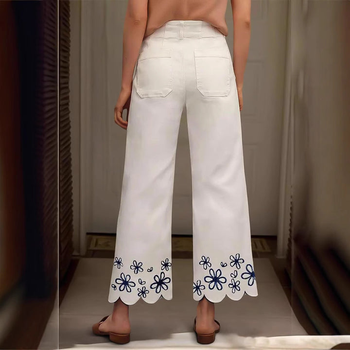 Women High-Waisted Cropped Palazzo Pants with Floral Embroidery and Wave Hem Mune Fashion