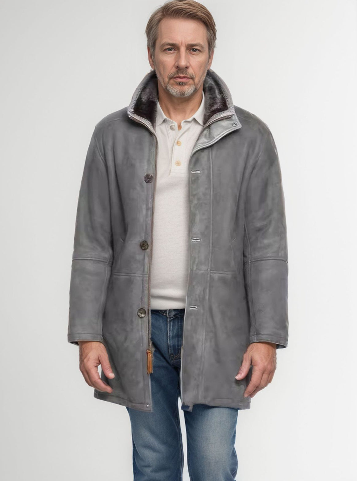 Men's Long Thermal Coat in Field Style with Faux Lambskin Inner Sides and Two-Way Zipper Mune Fashion