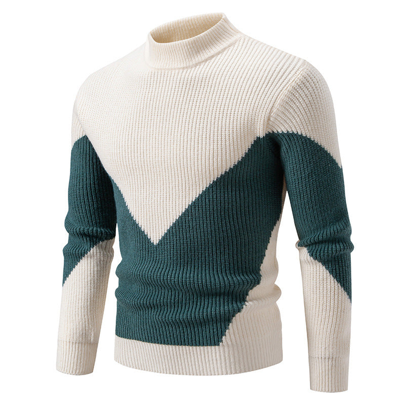 Men's fine ribbed knitted pullover with stand-up collar and contrast block design Mune Fashion