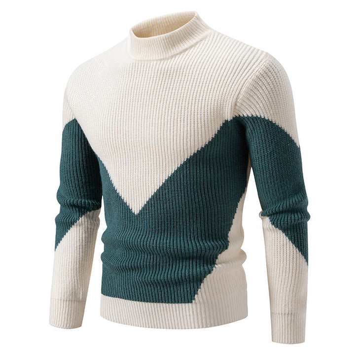 Men's fine ribbed knitted pullover with stand-up collar and contrast block design Mune Fashion