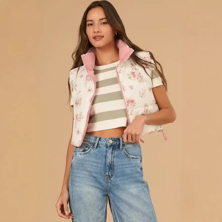 Women short cut quilted vest with stand-up collar and floral pattern Mune Fashion