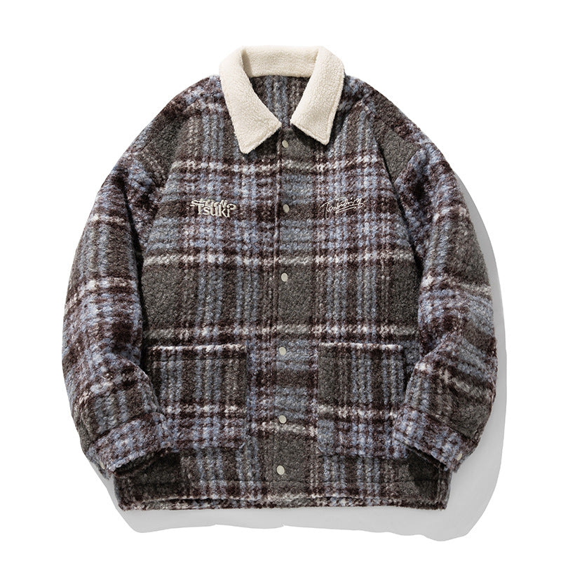 Unisex Cozy Teddy Fleece Shirt Jacket in Check Design with Snap Button Placket and Patch Pockets Mune Fashion