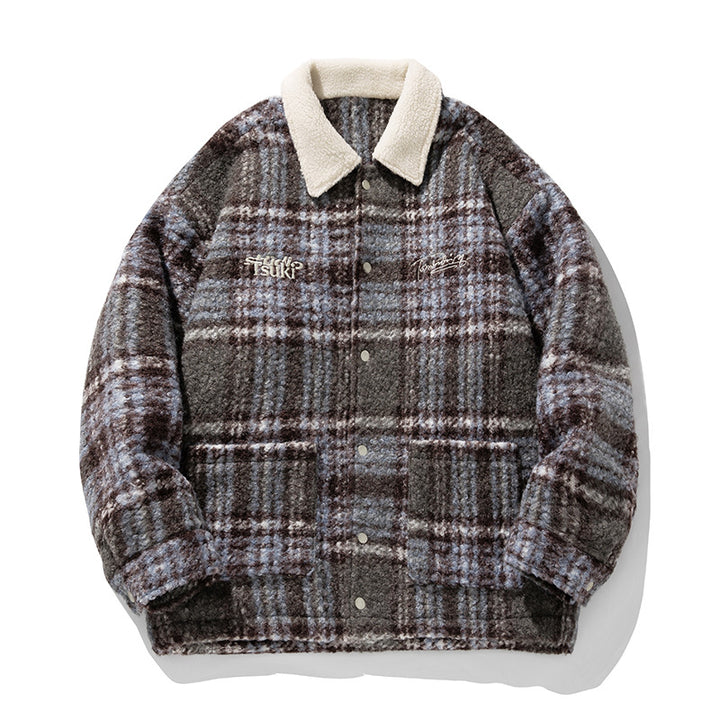 Unisex Cozy Teddy Fleece Shirt Jacket in Check Design with Snap Button Placket and Patch Pockets Mune Fashion